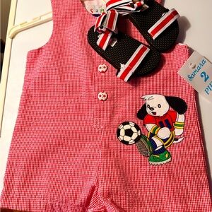 Red Checkered Romper With Sandals 9-12 Months With Playful Dog And Soccer Ball